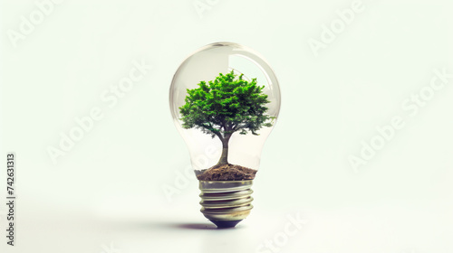 Conceptual image of a green tree growing inside a light bulb, symbolizing eco-friendly innovation and green electricity.