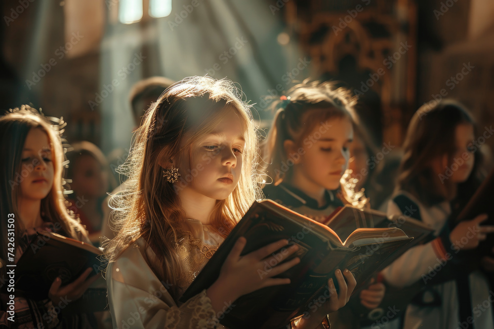 beautiful little girls reading in a church