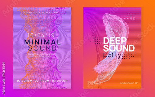 Dj event. Dynamic fluid shape and line. Geometric show banner set. Dj event neon flyer. Techno trance party. Electro dance music. Electronic sound. Club fest poster.