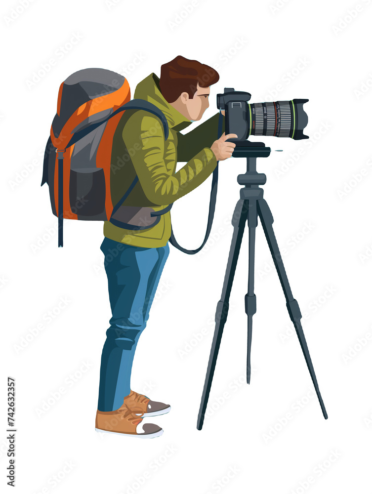 Illustration of a Photographer with Backpack Adjusting Camera on Tripod Outdoors