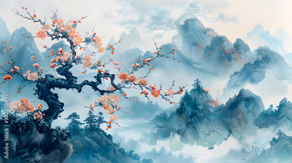 Chinese Style White Board,
Cherry blossom tree in traditional Japanese painting Sumi-e ink 

