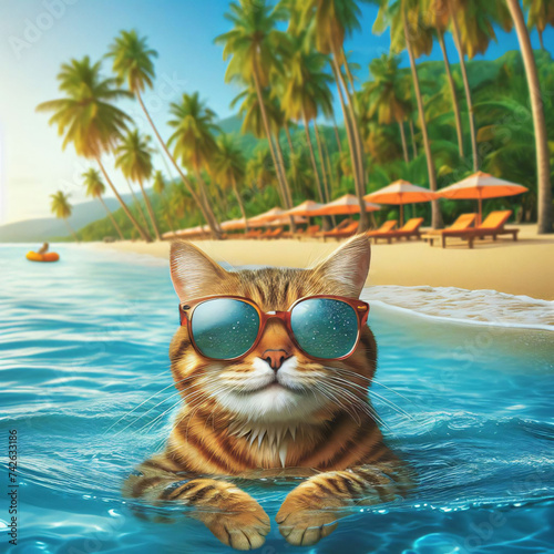 Cat on vacations swimming in sea on beach. AI generated image.
