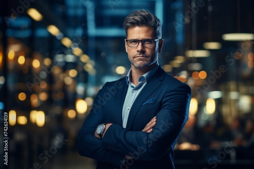 A stern-looking man standing with his arms crossed. The background features a blurred modern office interior with blue and red neon lighting. Impression of a corporate or high-tech environment. © Darya