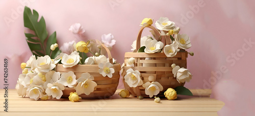A Beautiful spring flowers in basket illustration Generative AIxA basket of flowers on a table with a flower on it photo