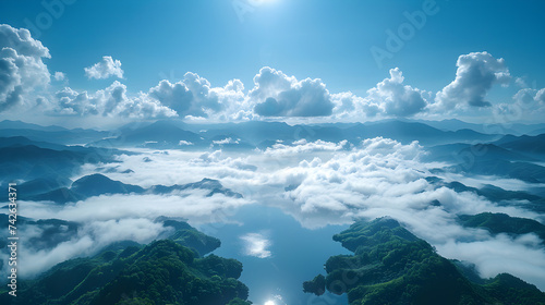 Bright sky, fluffy clouds, vibrant sunset, tranquil landscape, panoramic beauty , Blue sky above clouds