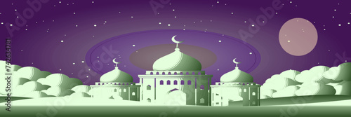Islamic Background Design. Ramadan Background. Eid Mubarak Background pro Vector. Purple fantasy sky background with mosque. 