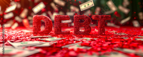Conceptual 3D illustration of the word DEBT in bold, white letters against a red backdrop with falling dollar bills, symbolizing financial obligations and debt management