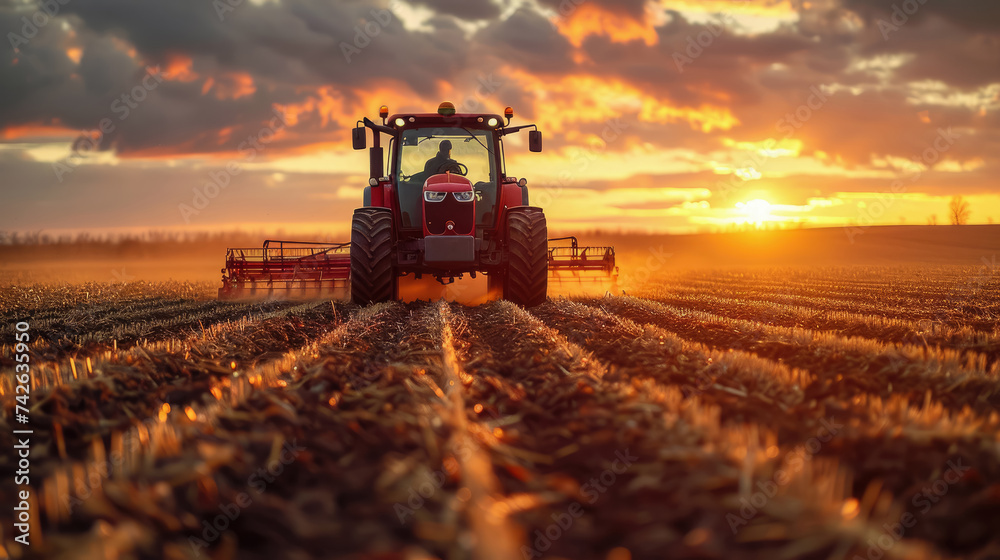 Fototapeta premium A farmer driving a tractor in a field, Tractor spraying pesticides on field with sprayer1