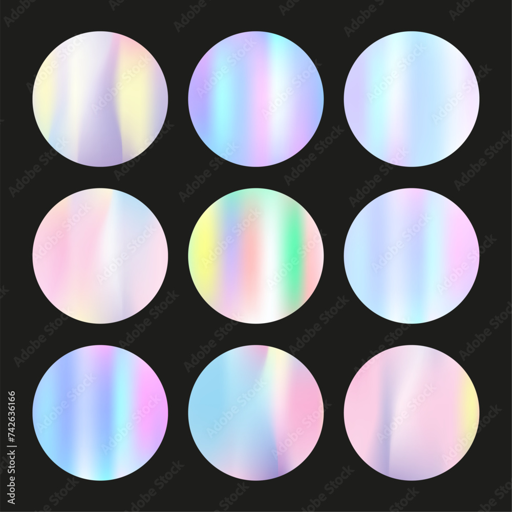 Gradient round set with holographic mesh. Abstract hologram. Spectrum gradient round set. Minimalistic 90s, 80s retro style graphic template for brochure, banner, wallpaper, mobile screen. Gradient round set with holographic mesh. Abstract hologram. Spectrum gradient round set. Minimalistic 90s, 80s retro style graphic template for brochure, banner, wallpaper, mobile screen.