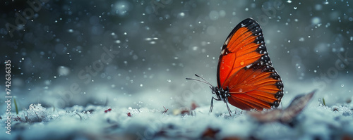 A surreal image of a Bloody Butterfly fluttering in a snowstorm its vibrant red wings a stark contrast against the white cold background © Atchariya63