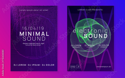 Edm flyer. Dynamic fluid shape and line. Creative show invitation set. Neon edm flyer. Electro trance music. Techno dj party. Electronic sound event. Club dance poster.