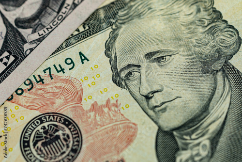 Close-up of Alexander Hamilton's ten dollars portrait