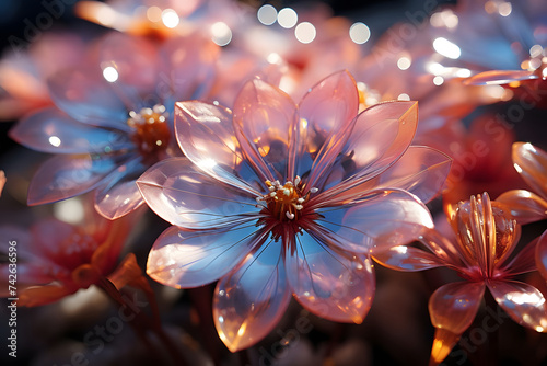 Colorful Holographic Flowers. Close up of Plants in The Forest with Shiny Effect