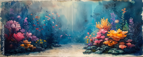 Never before seen A watercolor depiction of an underwater garden at dusk illuminated by bioluminescent flora