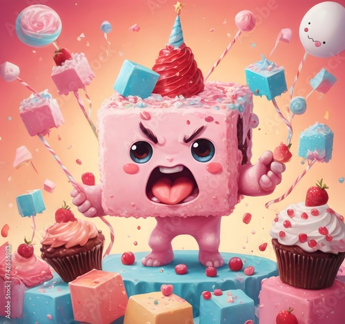 A faceshaped cake decorated with pink frosting is seen holding two cupcakes, showcasing the artistry of cake decorating and the sweetness of baked goods photo