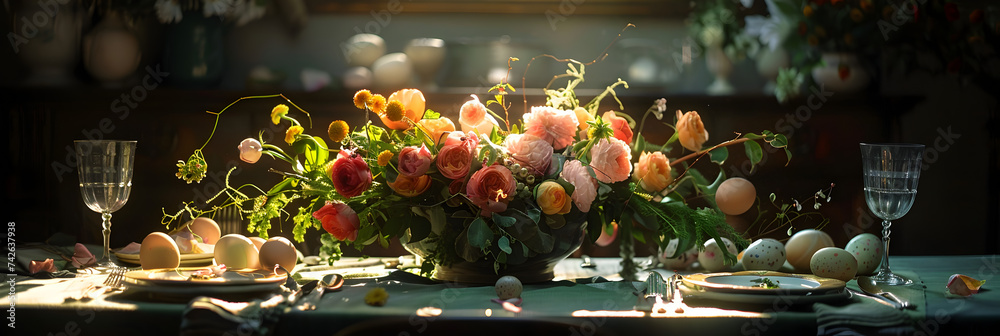 Garden Party Table, Wedding floral celebration background, easter festivel party
 - obrazy, fototapety, plakaty 