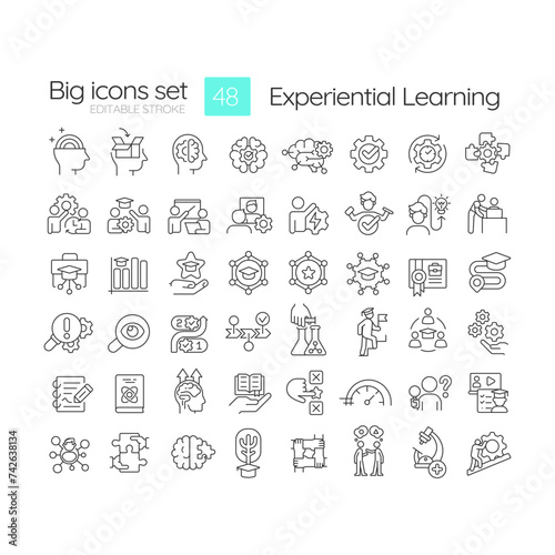 Experiential education types linear icons set. Students achievements. Active experimentation. Customizable thin line symbols. Isolated vector outline illustrations. Editable stroke