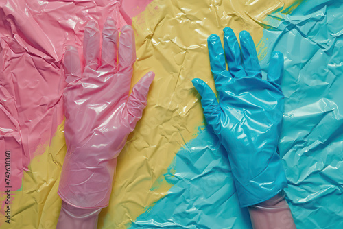 Hygiene Glove Cleaning - Protective Household Equipment on Blue Background: A Professional Rubber Hand Finger Cleaner.
