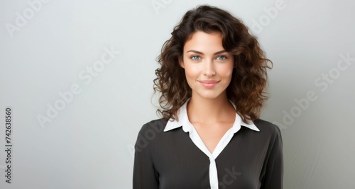 Mujer sonriente atractiva, profesional, blusa blanca y negra