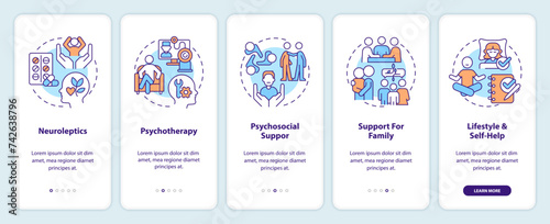 Schizophrenia treatment onboarding mobile app screen. Mental support. Walkthrough 5 steps editable graphic instructions with linear concepts. UI, UX, GUI template. Myriad Pro-Bold, Regular fonts used