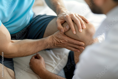 Male physical therapist doing healing treatment on mans knee in rehabilitation clinic. Professional physiotherapist or osteopath working in office. Physiotherapy and osteopathic medicine concept photo