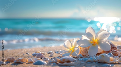 Beach, sunshine, sand with seashells and flowers lying on it and the clear blue sky It is evocative of vitality and promises to create unforgettable memories under natural light.
