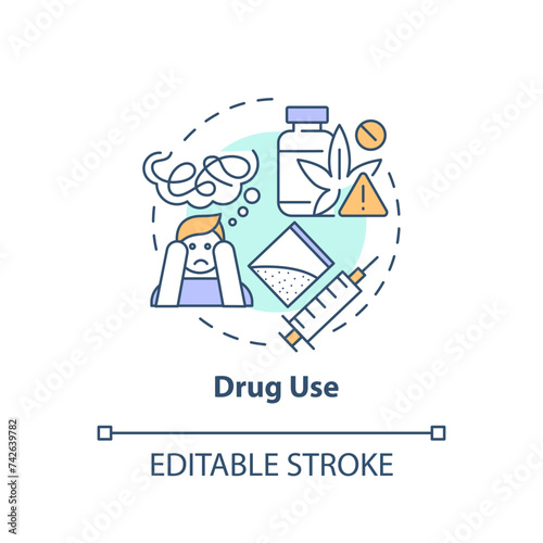 Drug use multi color concept icon. Health issues, addiction. Life disruption. Round shape line illustration. Abstract idea. Graphic design. Easy to use in infographic, presentation, brochure, booklet
