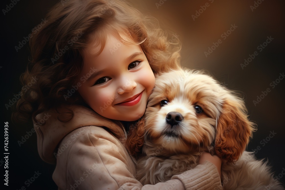 happy child hugging a dog outdoors in nature happy child hugging a dog outdoors in nature