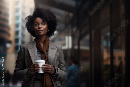 Darkskinned businesswoman near a business center with a glass of coffee in her hands © Elena