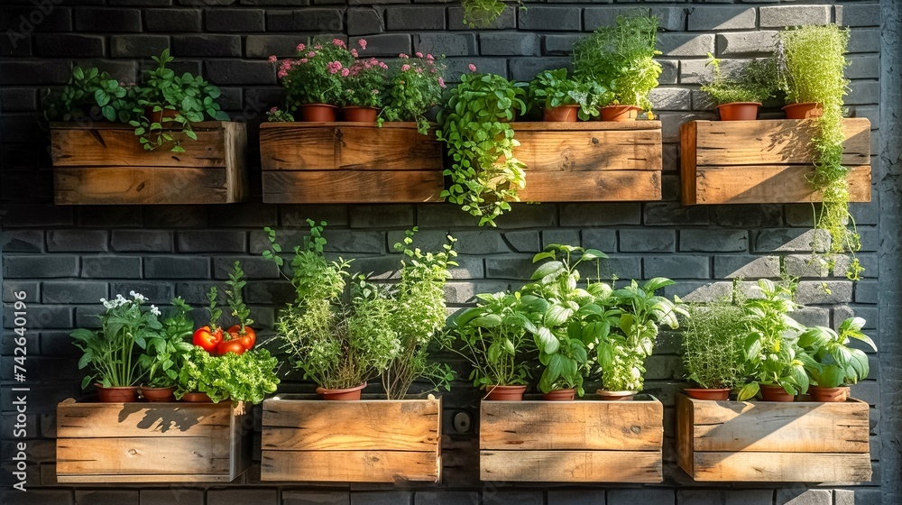 Variety of fresh herbs in wooden boxes on brick wall background. Generative AI. Variety of fresh herbs in wooden boxes on brick wall background. Generative AI.