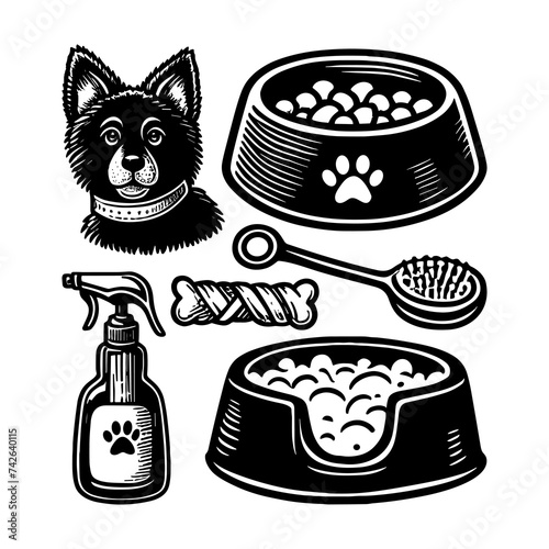 Dog pet puppy doodle vector set. Dog sketch kennel food doodle set