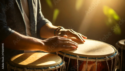Close-up of a hands of a percussionist while playing wooden bongos. Percussion instrument. Generative Ai. photo