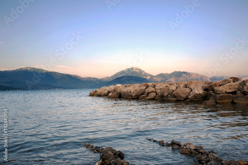 View of the Cilento coast from the breakwater. Italy.