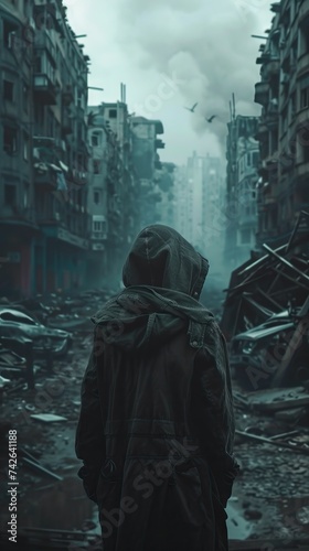 A man in a hooded jacket watching the ruined street alone