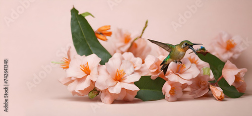 A hummingbird is flying near a flowerHummingbird Long Golden Tail in Action Generative AI hummingbird is flying over a flower with a butterfly flying in the background. photo