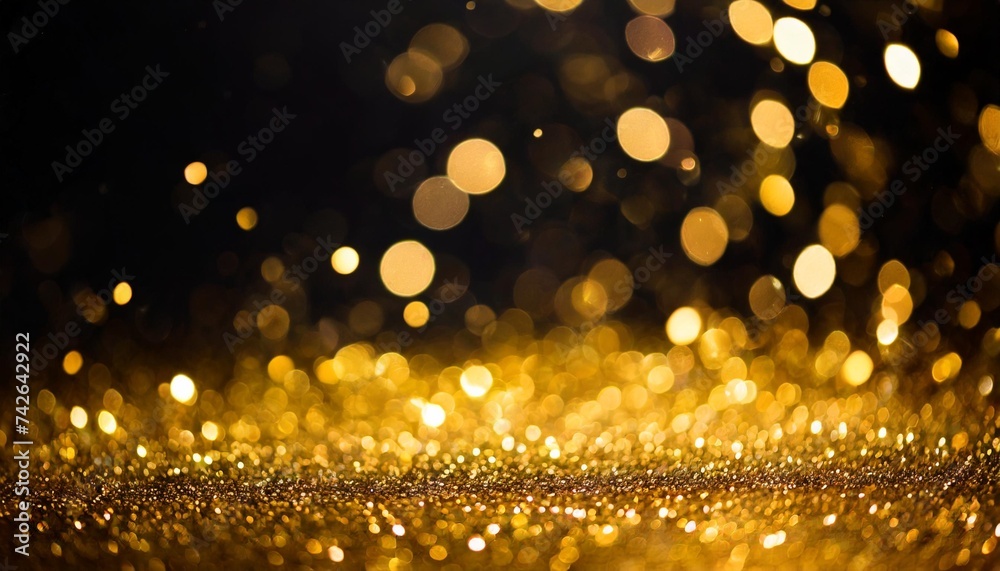 defocused gold glitter with glowing sparks lights on a black background holiday greeting card