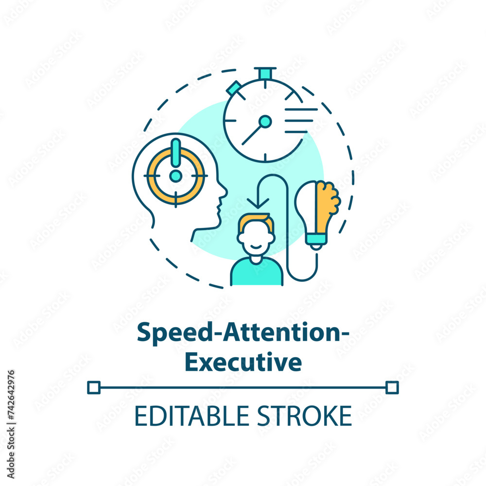 Speed-attention-executive multi color concept icon. Hyperactive behaviour. Round shape line illustration. Abstract idea. Graphic design. Easy to use in infographic, presentation, brochure, booklet Speed-attention-executive multi color concept icon. Hyperactive behaviour. Round shape line illustration. Abstract idea. Graphic design. Easy to use in infographic, presentation, brochure, booklet