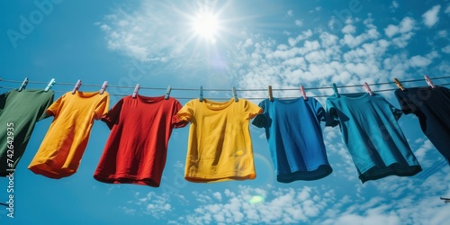 different color of t-shirts hanging on a clothesline against blue sky sun shining, bottom view copy space 