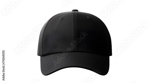 black baseball cap mockup front view, isolated cutout object with shadow on transparent background. Png file