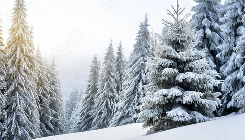 spruce tree covered snow and hoarfrost on a white background with space for text