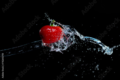 A red sweet pepper in splashes of water on a black background.
