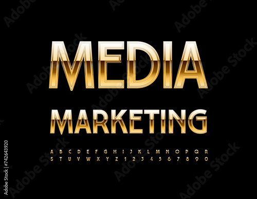 Vector business concept Media Marketing. Luxury Alphabet Letters and Numbers set. Gold elite Font