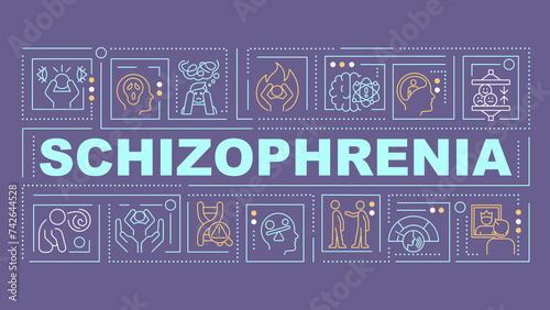 Schizophrenia blue word concept. Personality disorder. Psychotic symptoms. Typography banner. Flat design. Vector illustration with title text, editable line icons. Ready to use. Arial Black font used
