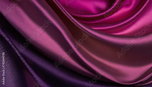 Luxury wavy pink to purple gradient fabric background. Abstract silk cloth texture pattern. Smooth shiny elegant drapery material curtain.