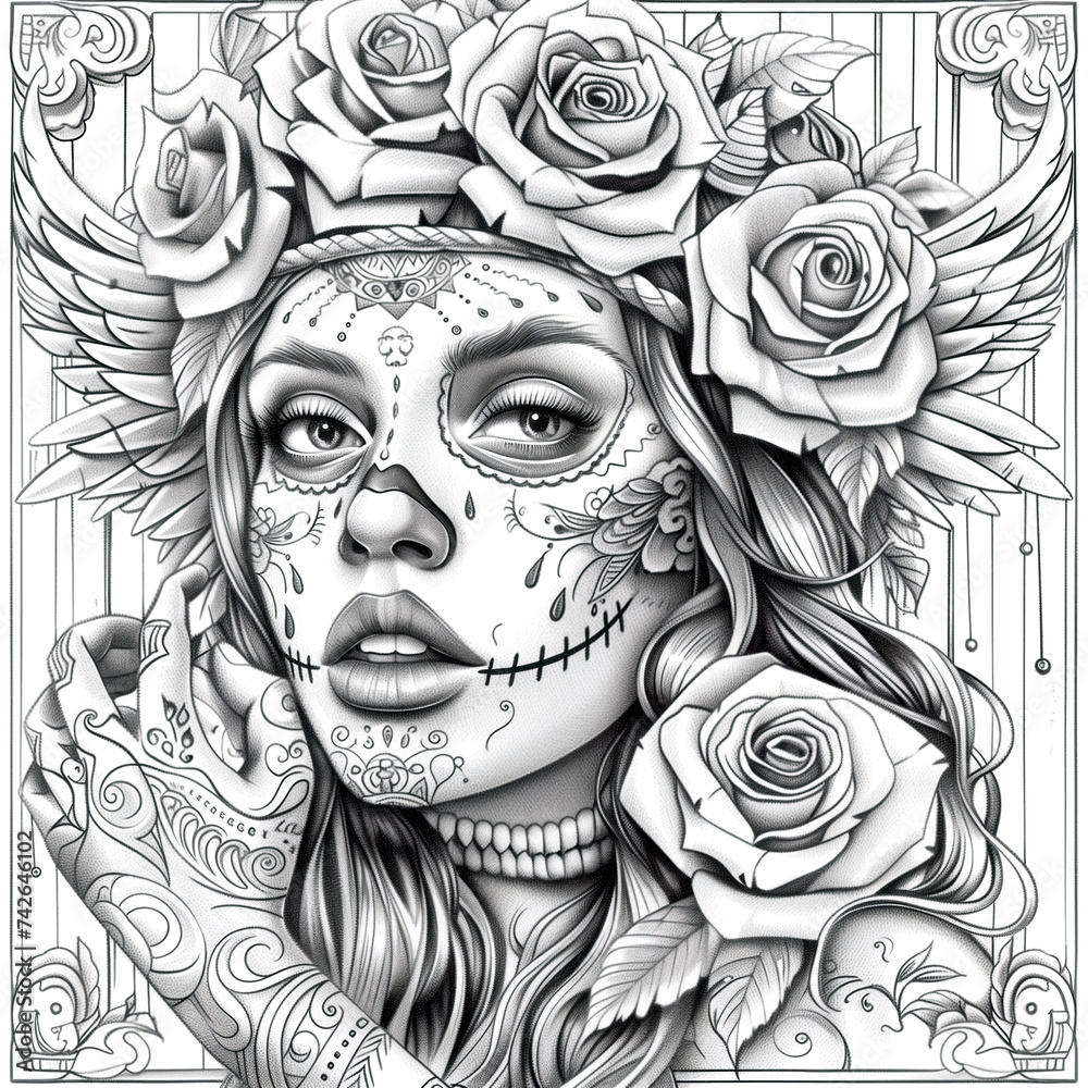Fototapeta premium Tattoo style portrait of chicano girl. beautiful woman with tattoo