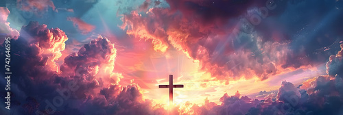 Cross of Jesus Christ on sunset sky background. Christian religion concept.