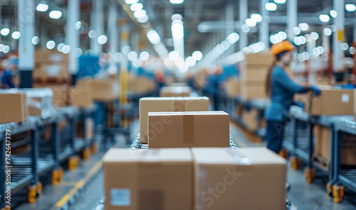Package boxes with ordered goods Huge fulfillment center of giant e-commerce company moving on Power Conveyor, workers on background.Retail commerce industry and worldwide international shipping image