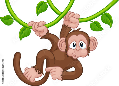 A monkey cartoon character singing on jungle vines and pointing