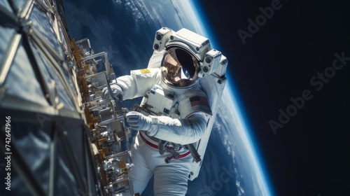 Young female Astronaut Performing a Spaceship Maintenance and Check Up in Outer Space on a Extravehicular Mission Outside the Spacecraft
