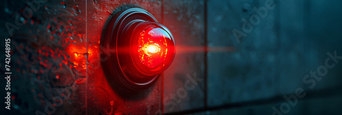 One single simple red alert alarm light on a concrete wall red and blue blurred background photo